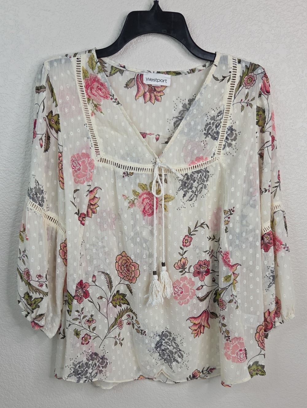Westport Cream Floral V-Neck Tassel Tie Blouse